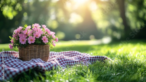 Bright flowers in a wicker basket on a picnic blanket in a serene park settin...
