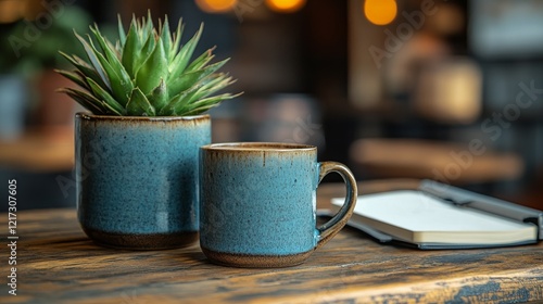 Morning coffee on a wooden table with a plant and notepad in a cozy setting b...