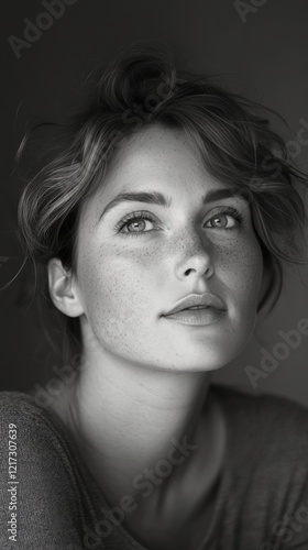 Portrait of a woman with freckles and wavy hair showcasing natural beauty and...