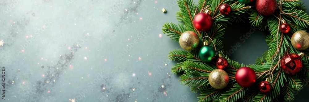 Festive holiday wreath made of evergreen branches and ornaments, , holiday wreath, wreath making Festive holiday wreath made of evergreen branches and ornaments, , holiday wreath, wreath making