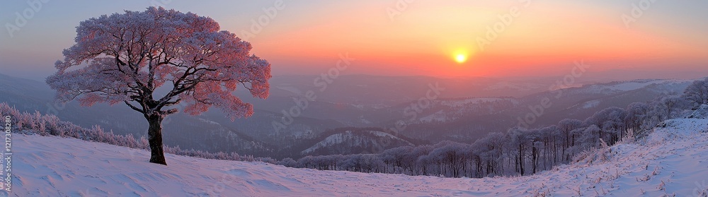 Obraz premium A winter sunrise with a stunning panorama of snow-covered forests