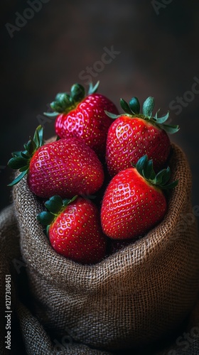 Ripe strawberries growing on a lush green plant in a sunny garden during summ...