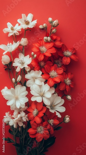 Vibrant bouquet of red and white flowers displayed against a striking red bac...