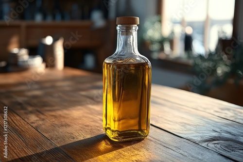 Glass bottle filled with golden oil placed on wooden kitchen table with natur...