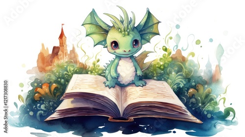open book fairy tale with little dragon watercolor design