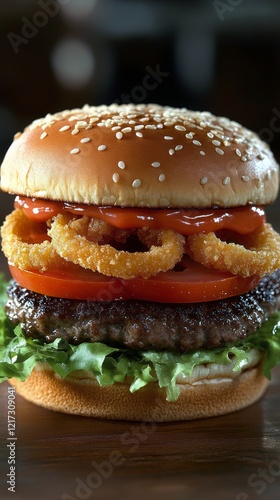 Juicy hamburger with fresh toppings served on a wooden table