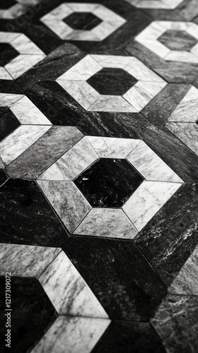 Geometric pattern of black and white octagonal floor tiles showcasing intrica...