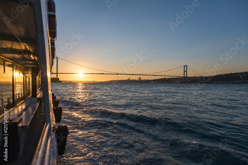 Amazing view of the Bosphorus from the deck of a ferry at sunset, Istanbul, Turkey.