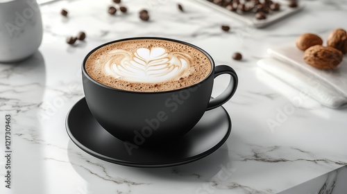 Coffee in a black cup with latte art on a marble table in a cozy cafe
