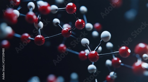 A close up of a red and white molecule. The red and white spheres are connected by a black wire. Concept of complexity and interconnectedness