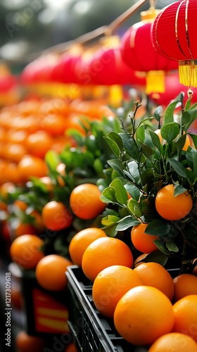 A bustling Lunar New Year market packed with vibrant stalls selling peach blossoms, kumquat trees, and red lanterns photo