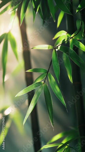 Sunlight filtering through vibrant bamboo leaves in a lush forest setting