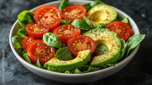 Fresh garden salad with tomatoes and avocado in a rustic bowl on a dark table
