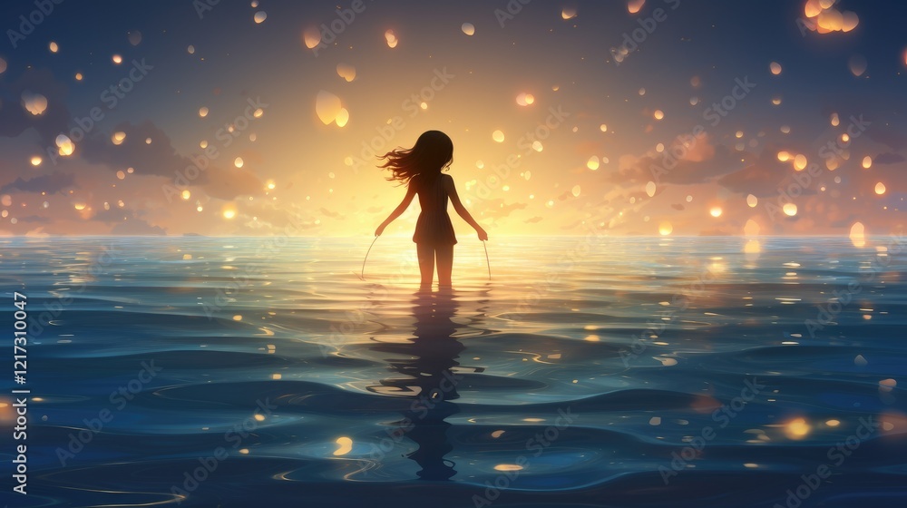 little girl stand by magic sea with shining lights in fairy tale illustration little girl stand by magic sea with shining lights in fairy tale illustration