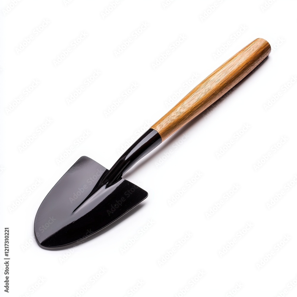 Black shovel with wooden handle and classic ergonomic gardening trowel on white background Black shovel with wooden handle and classic ergonomic gardening trowel on white background