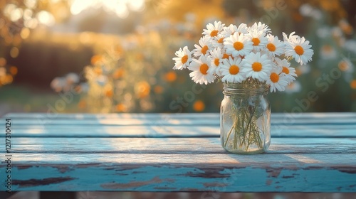 Bright daisies in a jar on a rustic table surrounded by nature at sunset