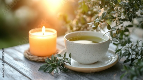 Sipping herbal tea by the window while enjoying a sunset in a cozy indoor space