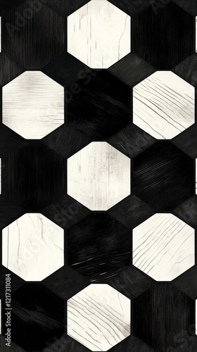 Geometric pattern of black and white octagonal floor tiles showcasing intrica...