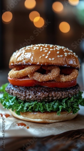 Juicy hamburger with fresh toppings served on a wooden table