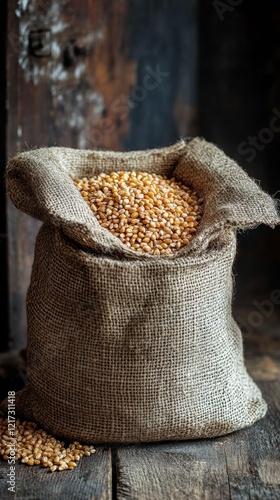 Burlap sack filled with grains on rustic wooden surface in a dimly lit setting
