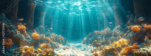 An enchanting underwater realm beneath the waves, inhabited by mermaids, seahorses, and magical coral palaces