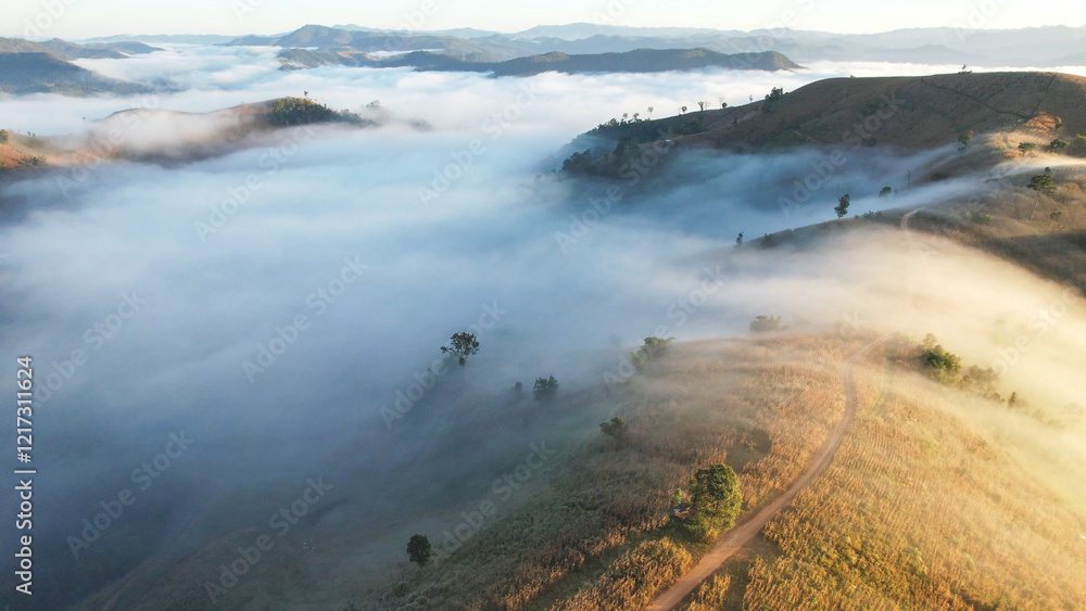 Fototapeta premium Aerial landscape view of the sea of fog flowing on hills and campsite