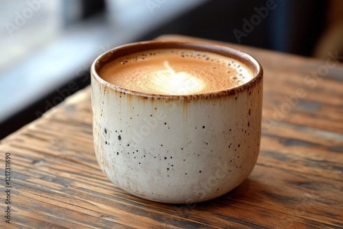 Warm cup of coffee on wooden table next to a pottery pitcher with flowers in ...