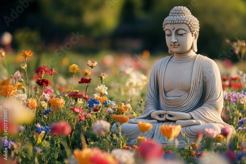 Serene Buddha statue surrounded by vibrant flowers in a tranquil landscape