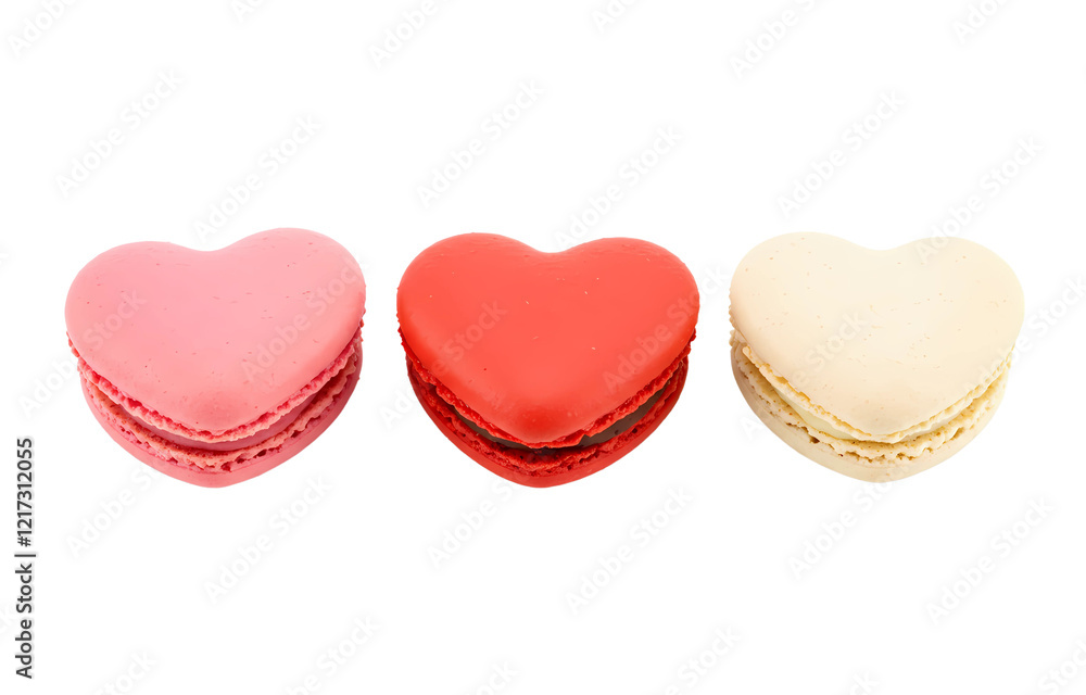 Pastel Heart-Shaped Macarons in Pink, Red & White – Elegant Dessert Set on White Background Pastel Heart-Shaped Macarons in Pink, Red & White – Elegant Dessert Set on White Background