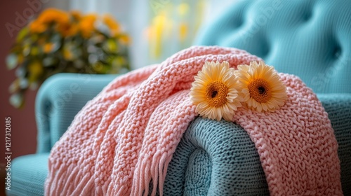 Cozy white blanket neatly rolled on a chic armchair in a warm living room set...