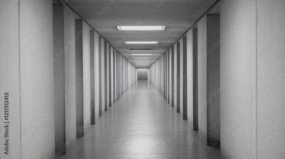 A long, empty corridor with concrete pillars and bright lights, suggesting isolation and depth A long, empty corridor with concrete pillars and bright lights, suggesting isolation and depth