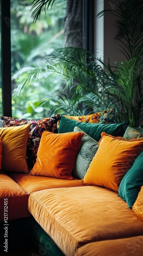 Cozy living room with colorful pillows on a stylish sofa surrounded by indoor...