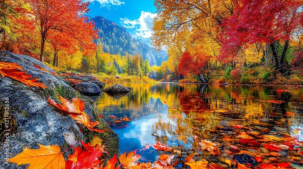 Fototapeta premium Autumnal river reflection, mountain backdrop, scenic postcard