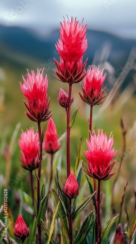 Bright pink wildflowers bloom in a lush green field under a cloudy sky