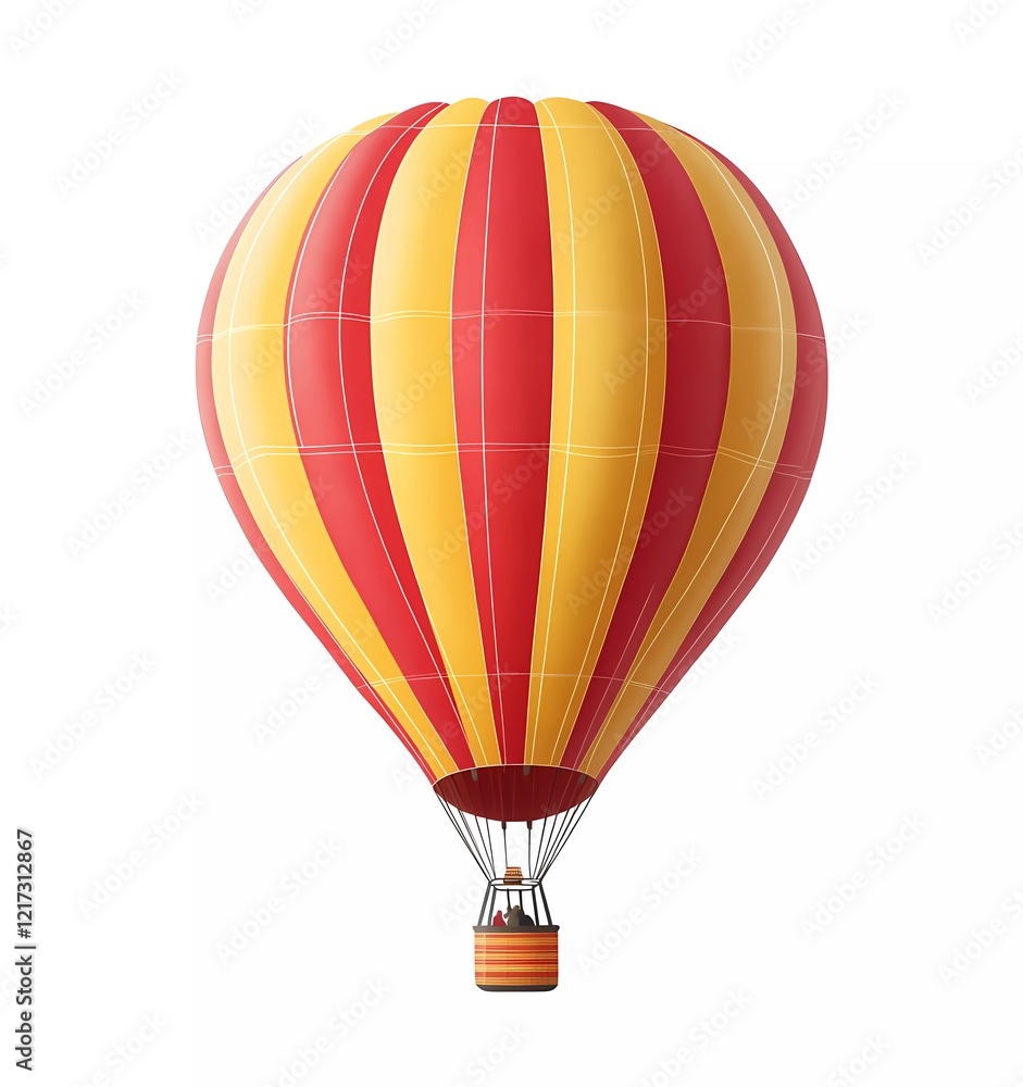 Fototapeta premium A simple, flat vector illustration of a red and yellow striped hot air balloon against a white background, with no shadows.
