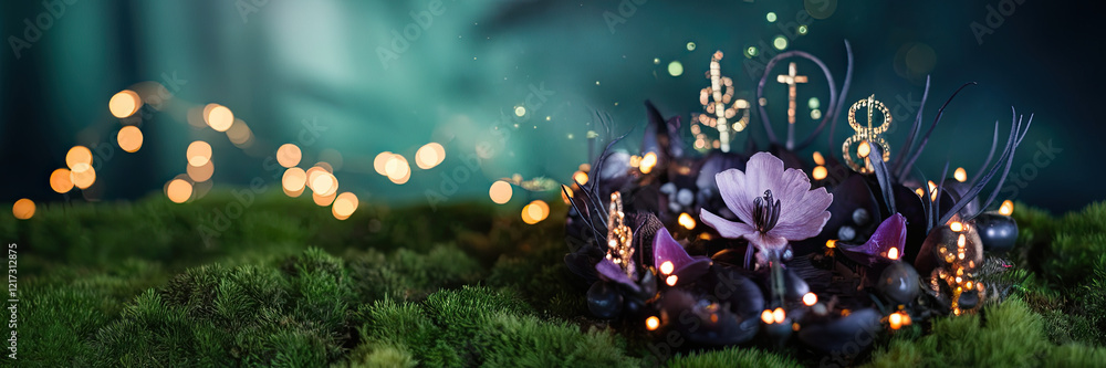 Obraz premium Enchanting Dark Fairy Garden with Lights Moss Flowers