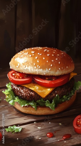 Freshly prepared cheeseburger with lettuce and tomatoes served on a wooden table