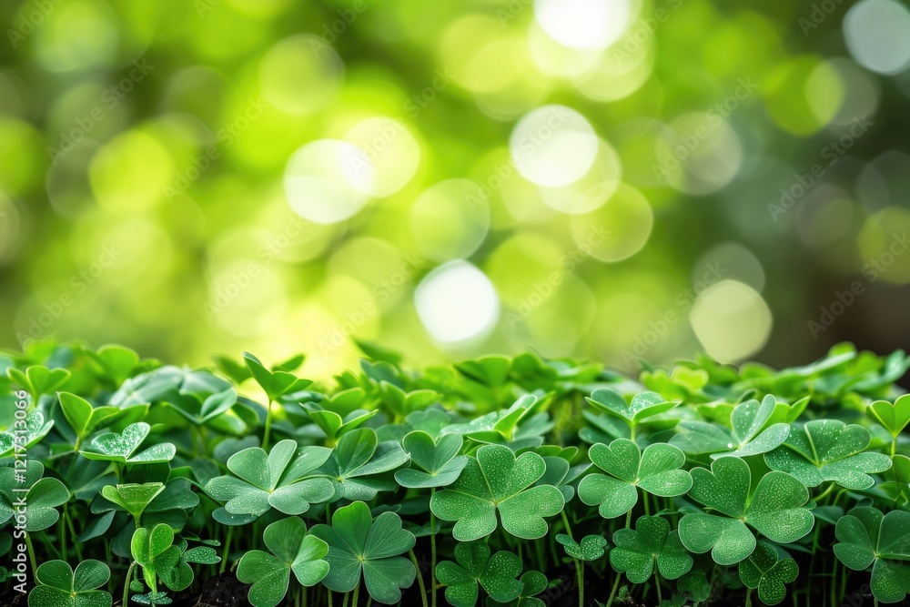 A lush green field of clovers with a blurry background. Concept of tranquility and natural beauty A lush green field of clovers with a blurry background. Concept of tranquility and natural beauty