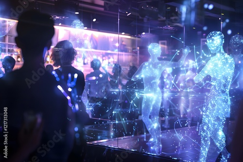 Illustration of A high-tech, trendy nightclub with holographic dancers glitching and dissolving into digital sparks. Ai Generate.
