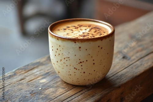 Warm cup of coffee on wooden table next to a pottery pitcher with flowers in ...