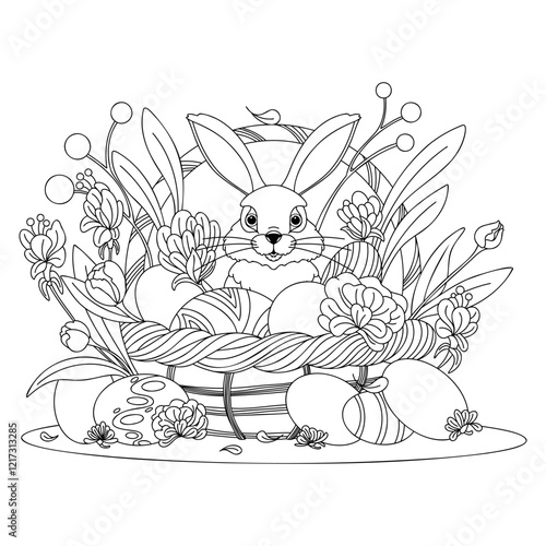 Easter basket with eggs and flowers. Black and white illustration. Coloring page.