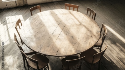 A rustic wooden table surrounded by chairs in a sunlit, spacious room with shadows
