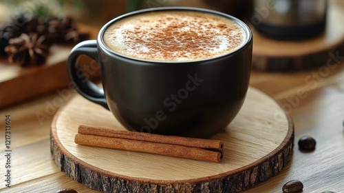 Warm cup of coffee with cinnamon sticks on a wooden surface during a cozy mor...