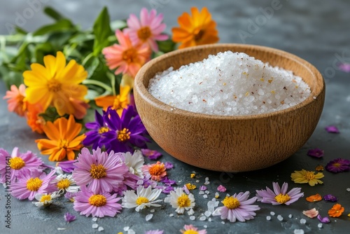 Brightly colored flowers and coarse salt in rustic wooden bowls on a dark sur...
