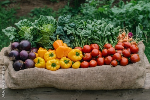 Freshly harvested vegetables in a burlap sack showcasing vibrant colors and t...