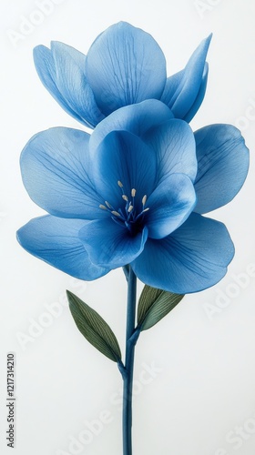 Beautiful blue flower with delicate petals and slender green stem against a l...