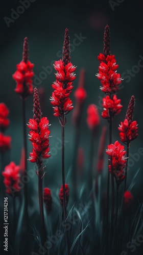 Bright pink wildflowers bloom in a lush green field under a cloudy sky