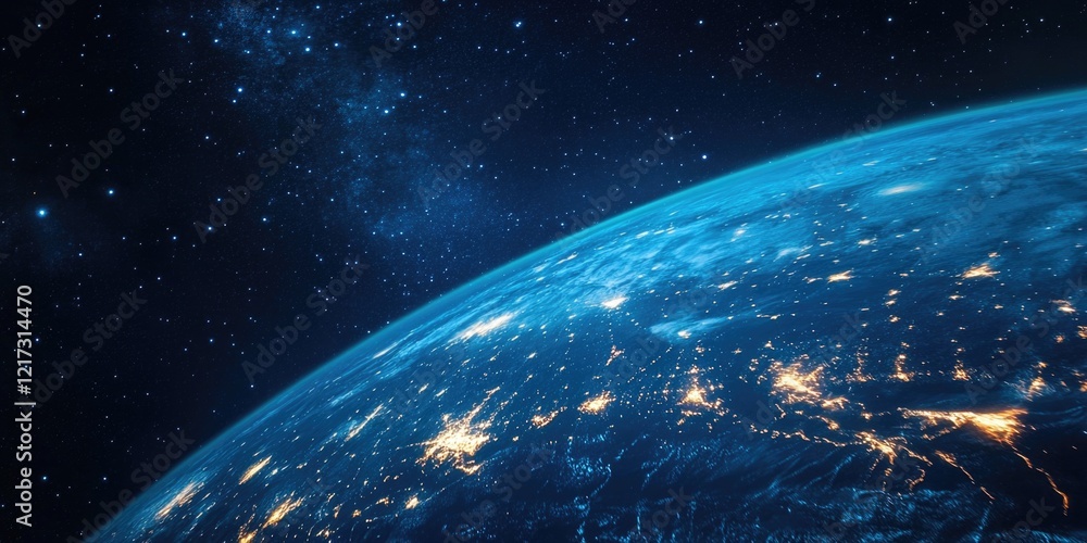 Obraz premium Nighttime view of Earth, highlighting urban centers from space with starry night sky as backdrop.