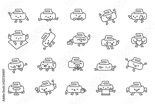 Charming set of cute kawaii curling stone cartoon characters showcasing emotions, greeting, dancing, heart, magic wand, beverage, laptop for creative illustration and design ideas