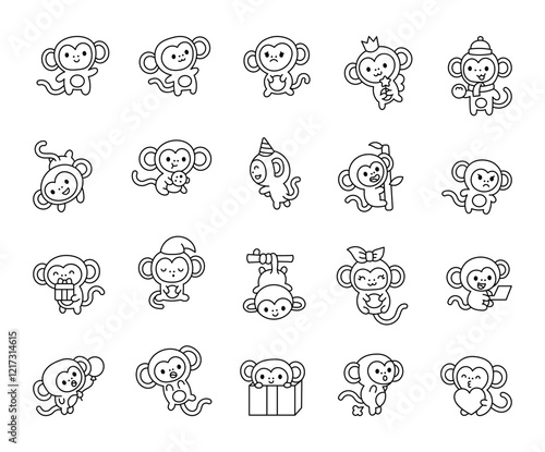 Set of charming cute kawaii cartoon monkey characters with different emotions and unique poses for yours cheerful festive creative decoration and joyful illustration design